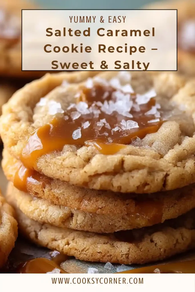 Homemade salted caramel cookies stacked with visible chocolate chips and caramel bits, sprinkled with sea salt.