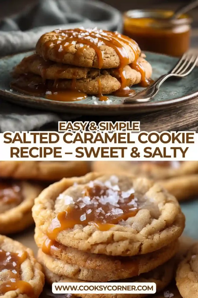 Close-up of chewy salted caramel cookies showing gooey caramel centers and crisp edges on a baking tray.