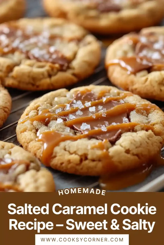 Soft salted caramel cookies with melted chocolate chunks and flaky sea salt on top, freshly baked and golden brown.