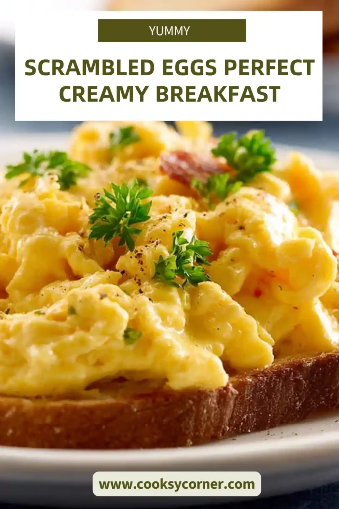 Freshly cooked scrambled eggs in a pan with golden folds and smooth creamy consistency.