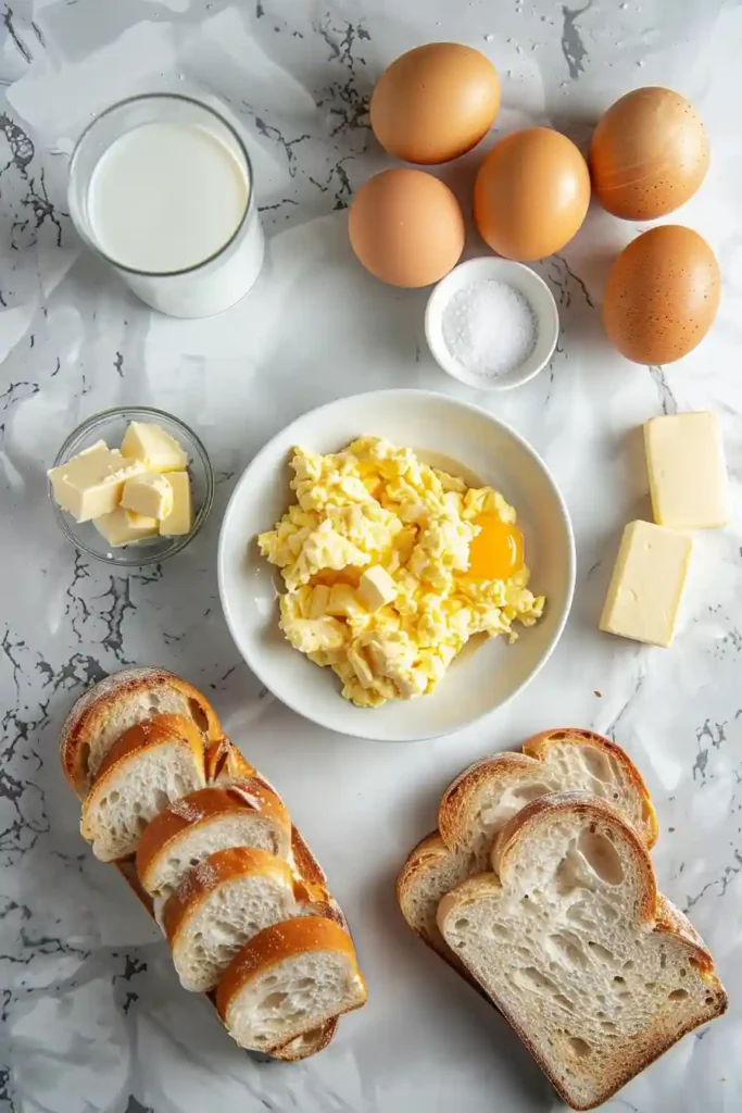 Breakfast plate of scrambled eggs with toast, showcasing light fluffy texture and soft curds.