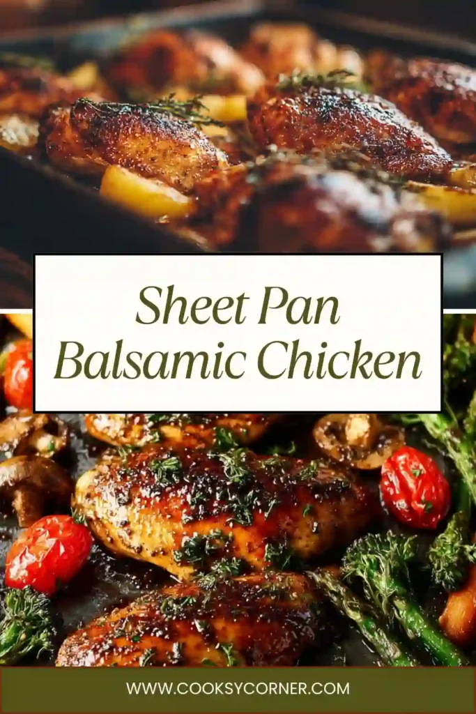 Healthy sheet pan balsamic chicken dinner with tender asparagus and caramelized onions.