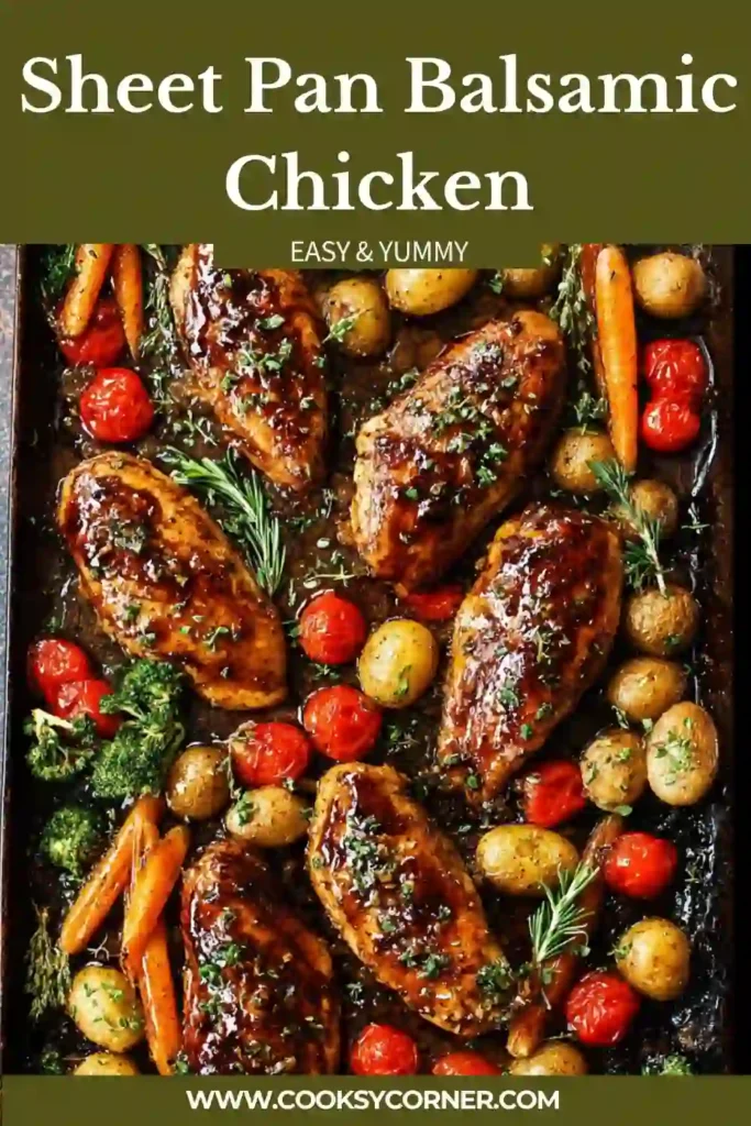 Juicy baked chicken cutlets with asparagus and onions on a sheet pan, coated in balsamic vinegar glaze.