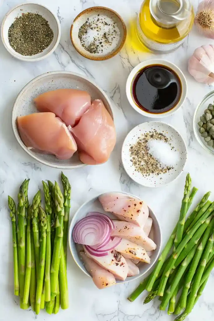 Close-up of balsamic chicken and asparagus roasted on a pan, showing glossy glaze and texture.