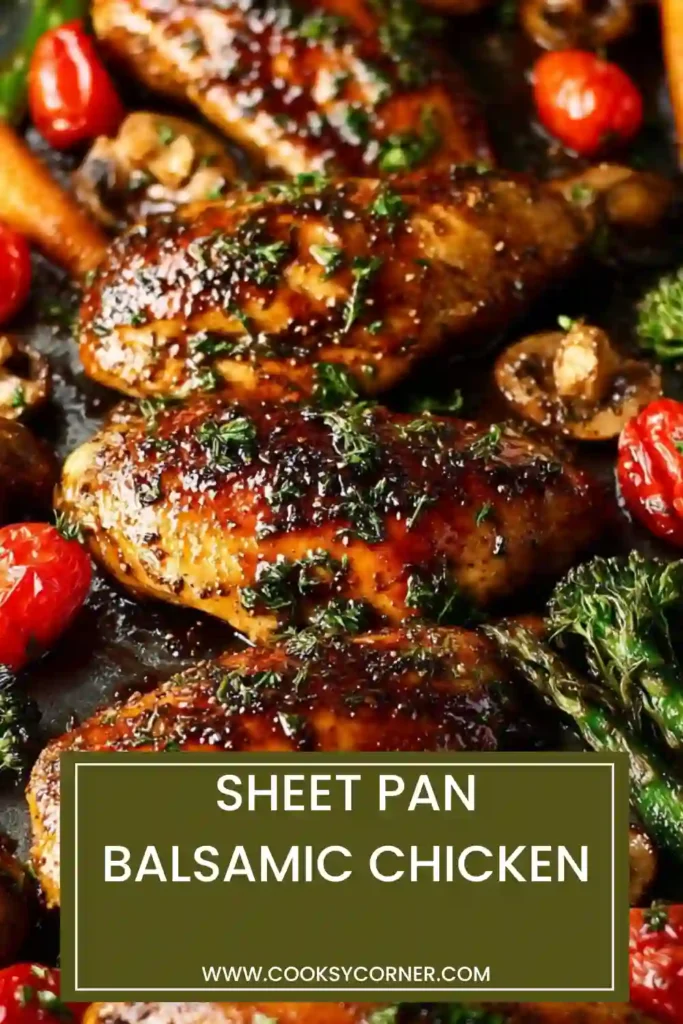 Sheet pan balsamic chicken with roasted asparagus and red onion, glazed with a rich balsamic sauce and served hot.