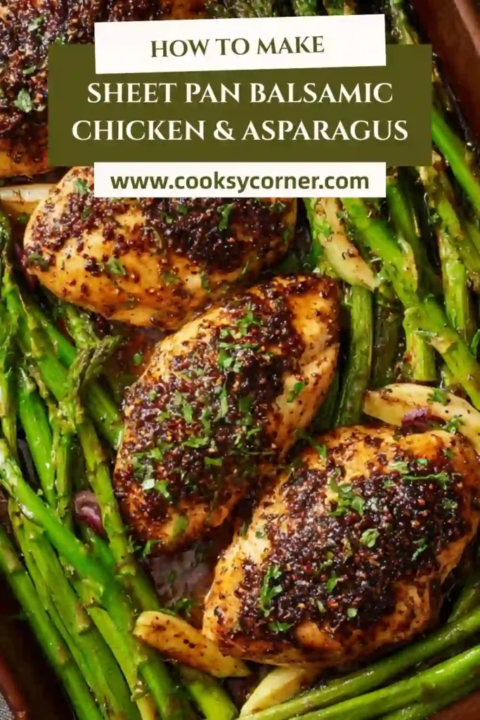 Sheet pan balsamic chicken with roasted asparagus and red onions, cooked to perfection with a glossy glaze.