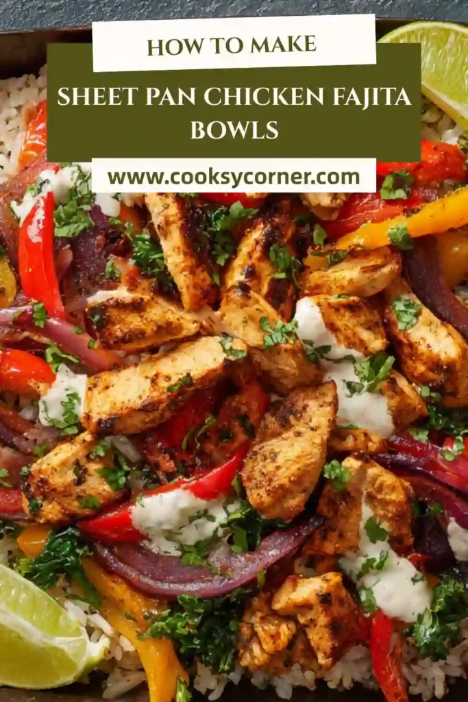 Sheet pan chicken fajita bowls with roasted chicken, bell peppers, and kale served with yogurt sauce.