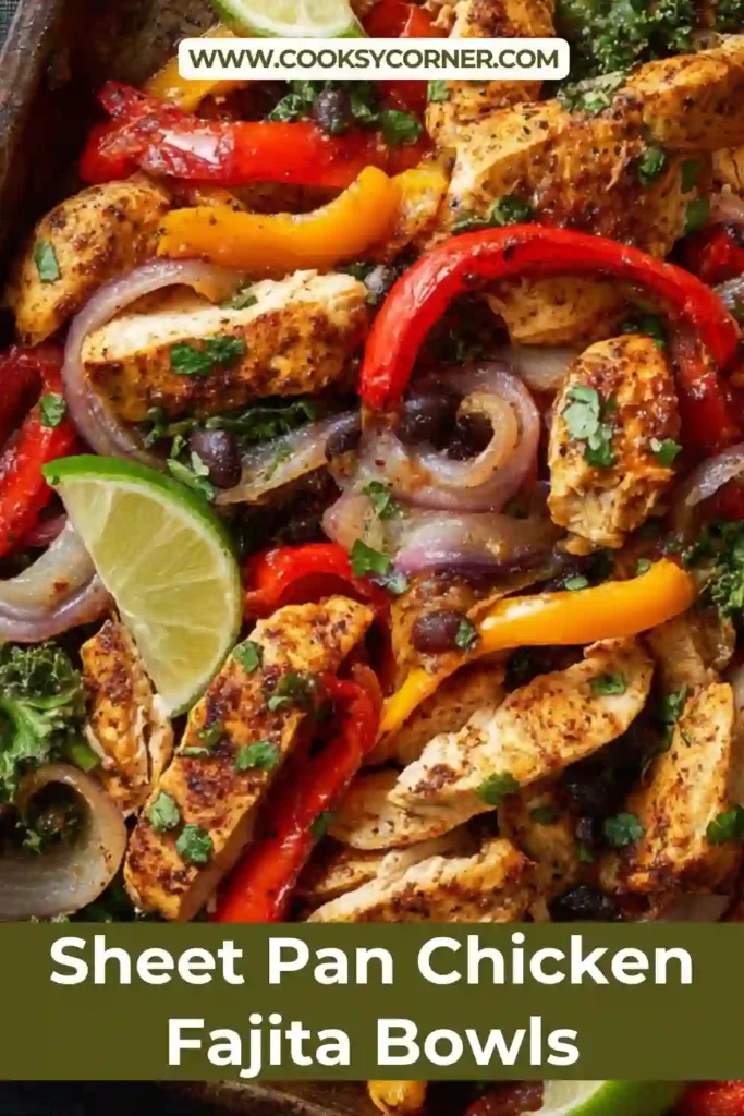 Roasted chicken and vegetables on a sheet pan for fajita bowls. Easy one-pan dinner recipe.