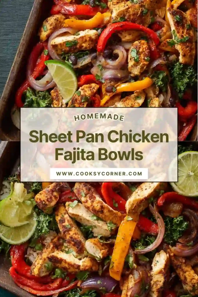 Sheet Pan Chicken Fajita Bowls with roasted chicken, bell peppers, and kale served in bowls with yogurt sauce.