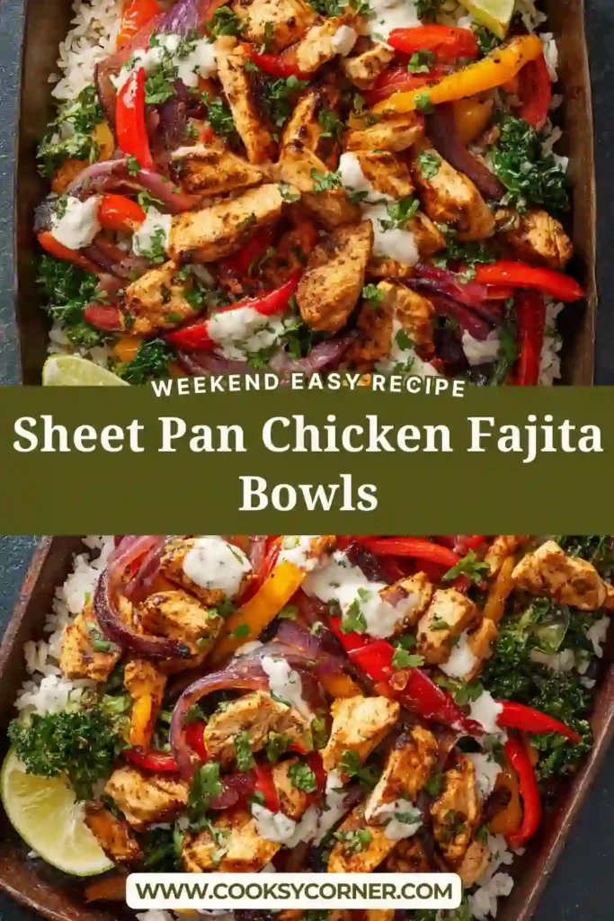Sheet pan chicken fajita bowls with roasted chicken, bell peppers, and kale served with yogurt sauce.