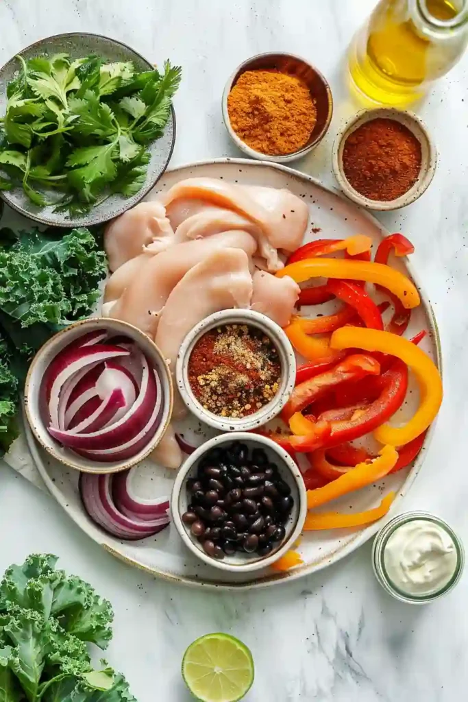 One pan chicken fajita bowls with beans, peppers, and yogurt drizzle.