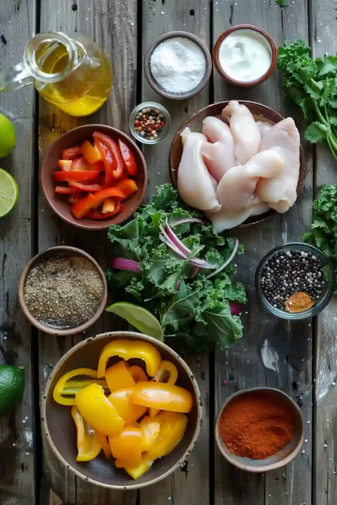 Chicken fajita bowl with seasoned chicken, beans, and greens topped with yogurt lime dressing.