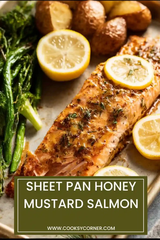 Oven-baked Sheet Pan Honey Mustard Salmon arranged with roasted vegetables in a balanced, colorful presentation.