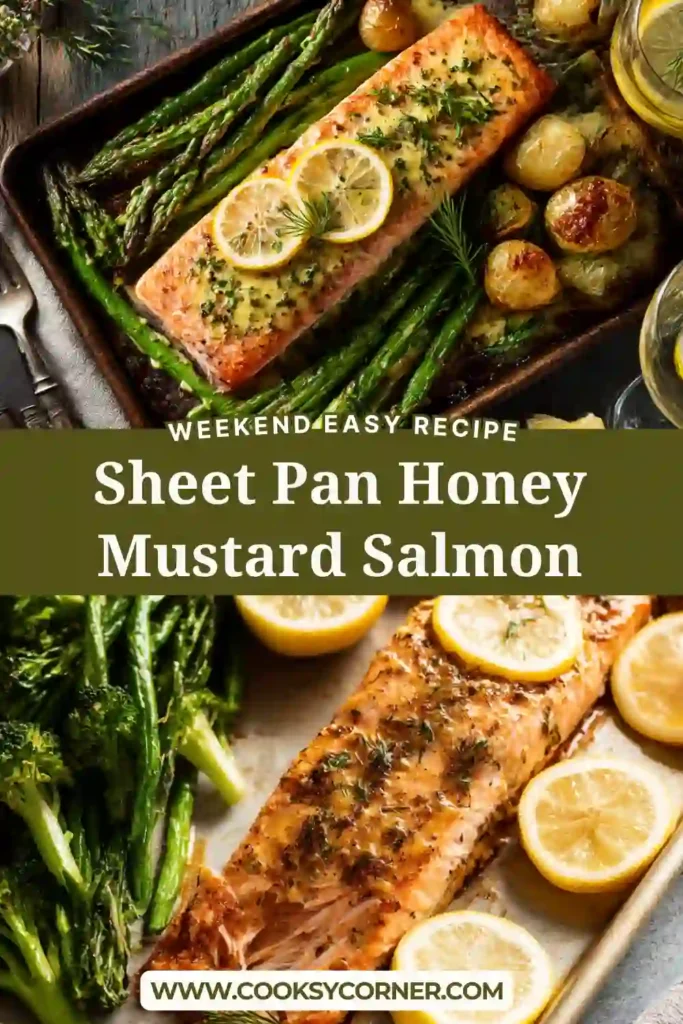 Close-up of honey mustard salmon baked on a sheet pan with crispy potatoes and tender broccoli. The glaze appears caramelized and rich.