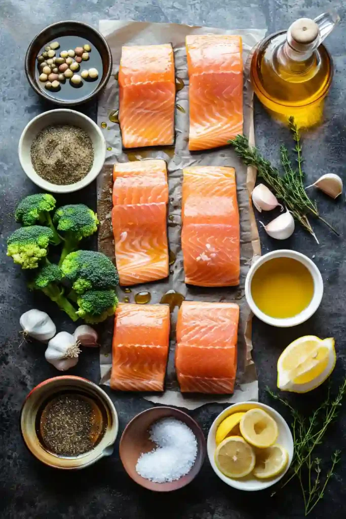 Healthy sheet pan salmon dinner featuring honey mustard glazed fillets with roasted broccoli and potatoes.