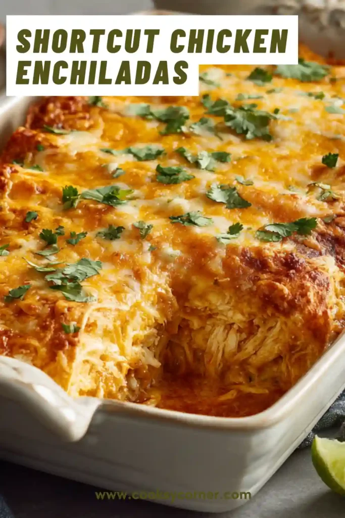 Freshly baked chicken enchiladas in a casserole dish with golden melted cheese.