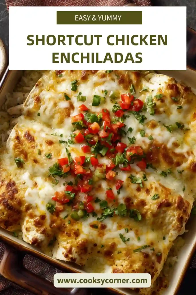 A baking dish filled with shortcut chicken enchiladas topped with melted cheese and sauce fresh from the oven.