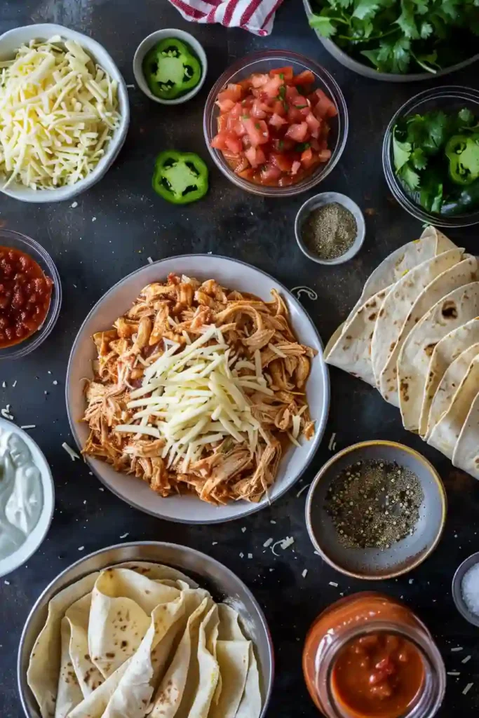 A serving of shortcut chicken enchiladas garnished with jalapeños and sour cream.