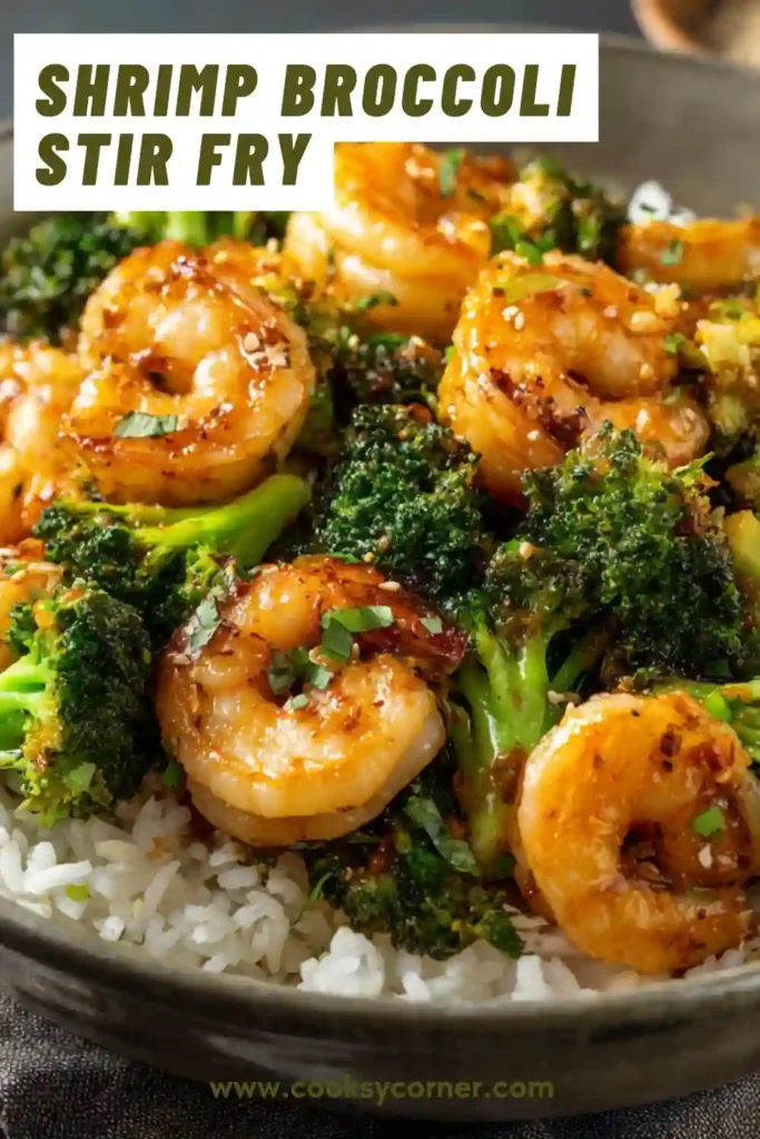 Healthy shrimp broccoli stir fry plated with rice, showing tender shrimp, crisp broccoli, and a rich savory glaze.
