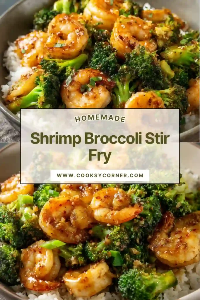 Close-up of shrimp and broccoli stir fry in a skillet with garlic ginger sauce coating each piece evenly. Fresh and colorful ingredients stand out.