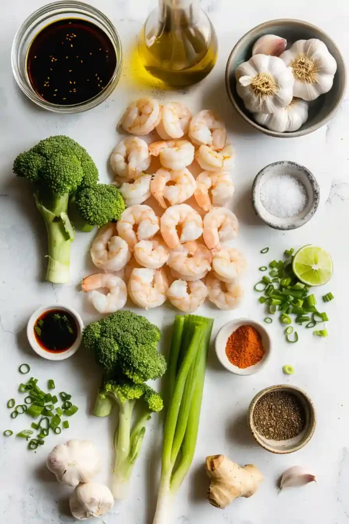 Overhead view of shrimp broccoli stir fry meal prep bowls with rice and garnished with green onions for a fresh finish.