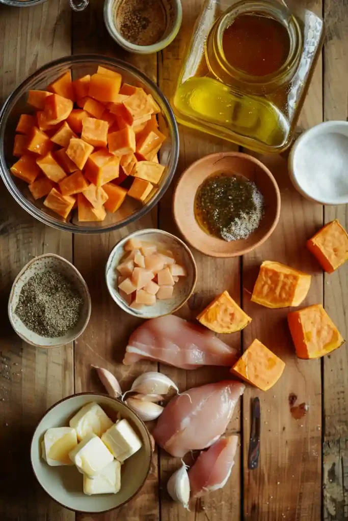 Homemade skillet meal with chicken and sweet potatoes.