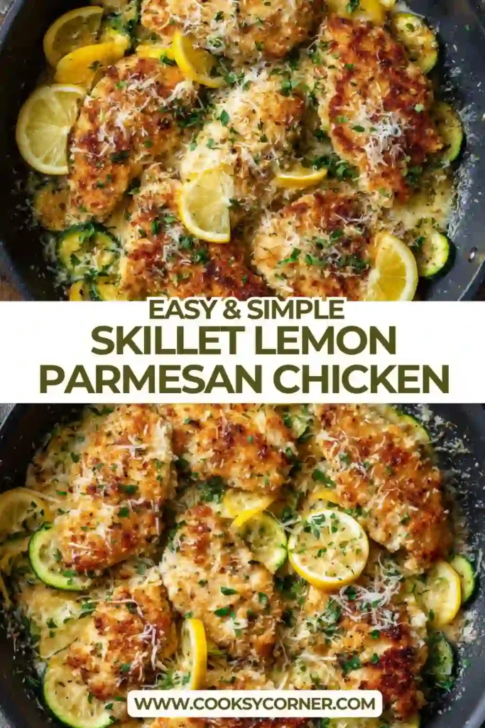 Skillet Lemon Parmesan Chicken with zucchini and squash cooked in a pan. Fresh and healthy dinner idea.