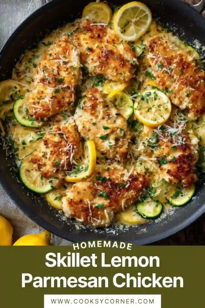Chicken zucchini skillet with parmesan cheese and lemon garnish. Easy one-pan meal.