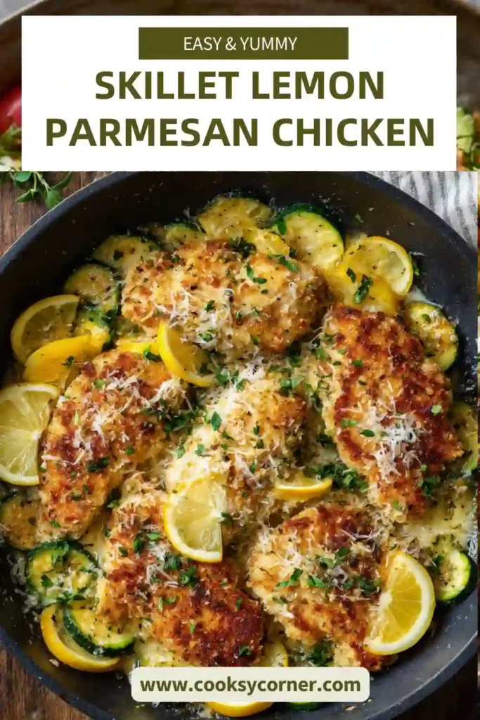 Close-up of lemon parmesan chicken with vegetables and herbs. Bright and flavorful dish.