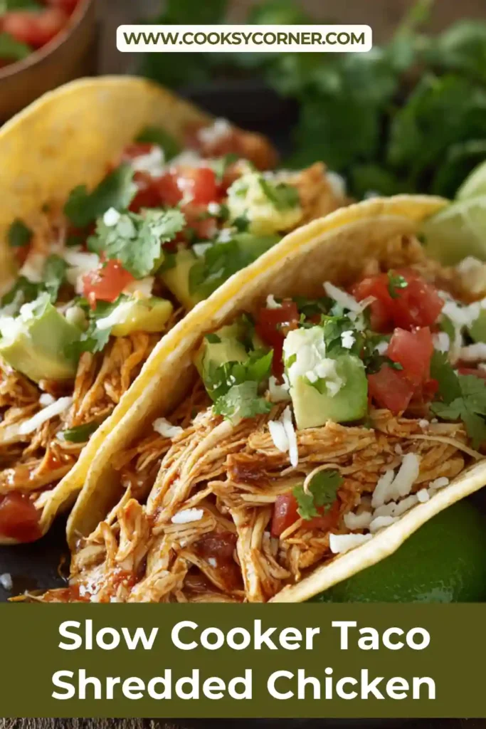 Healthy slow cooker taco shredded chicken plated for serving in tacos with fresh vegetables and herbs.