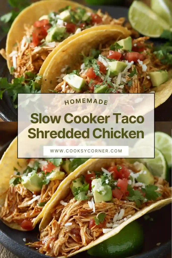 Close-up of shredded chicken cooked in a slow cooker with taco seasoning, highlighting moist texture and rich flavor.