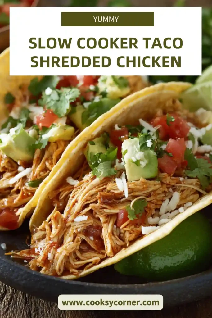 A bowl of slow cooker taco shredded chicken served with fresh toppings, showing juicy and tender low sodium chicken perfect for tacos.