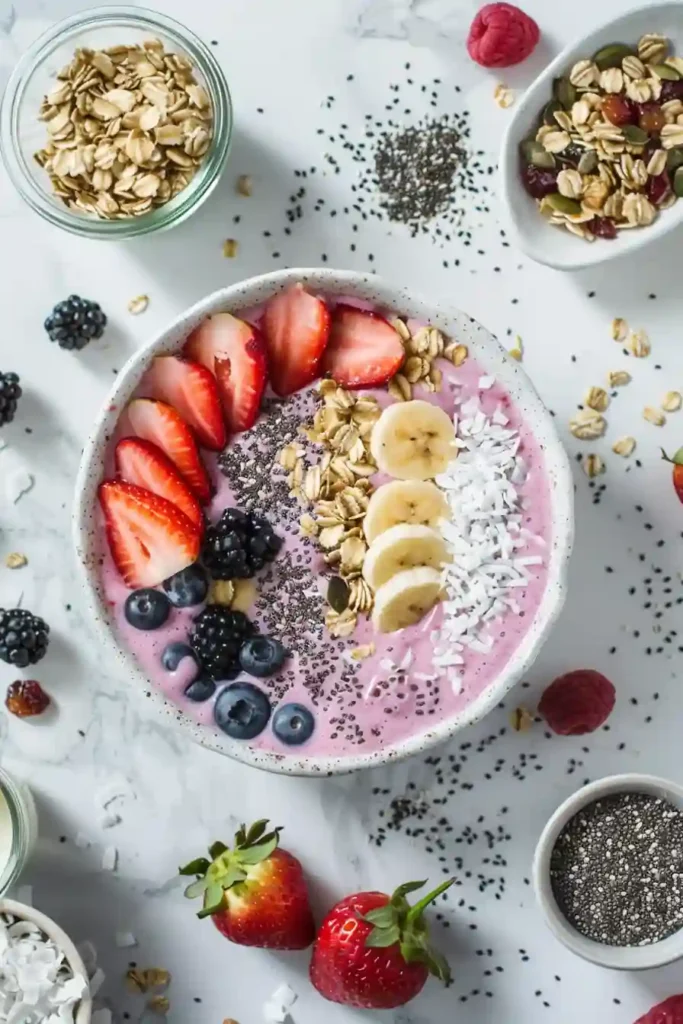 Homemade smoothie bowl with a rich purple base and colorful healthy toppings arranged beautifully.