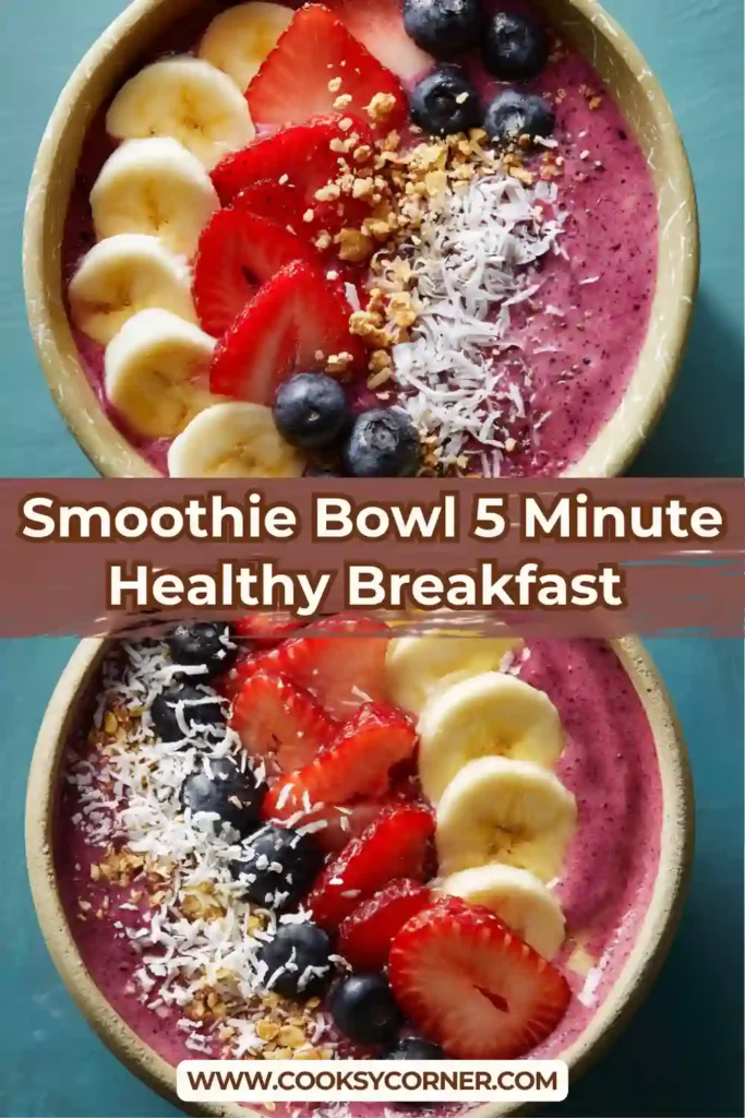 Thick berry smoothie bowl topped with granola, chia seeds, coconut flakes, and fresh fruit in a modern bowl.