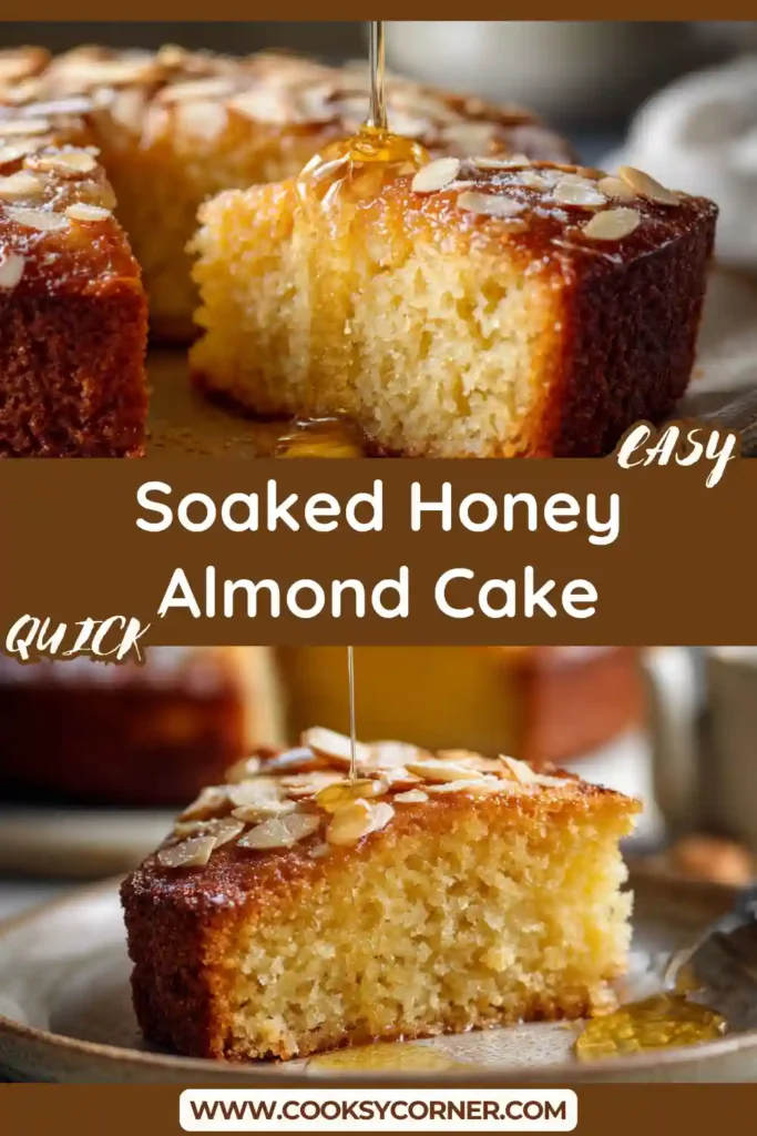 Homemade honey almond cake with golden crust and sliced almonds on top. Elegant dessert.