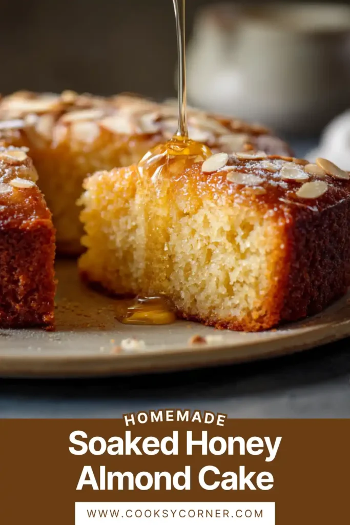Close-up of almond cake slice soaked in honey syrup with crunchy almond topping. Soft texture.