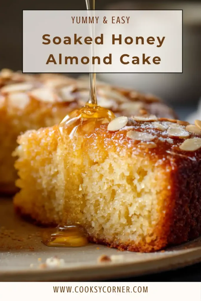 Soaked Honey Almond Cake topped with sliced almonds and glazed with honey syrup. Moist and rich dessert.