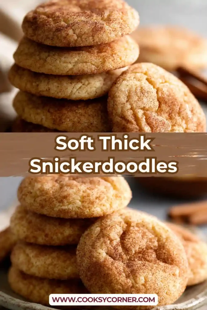 Soft thick snickerdoodles coated in cinnamon sugar with a fluffy texture.