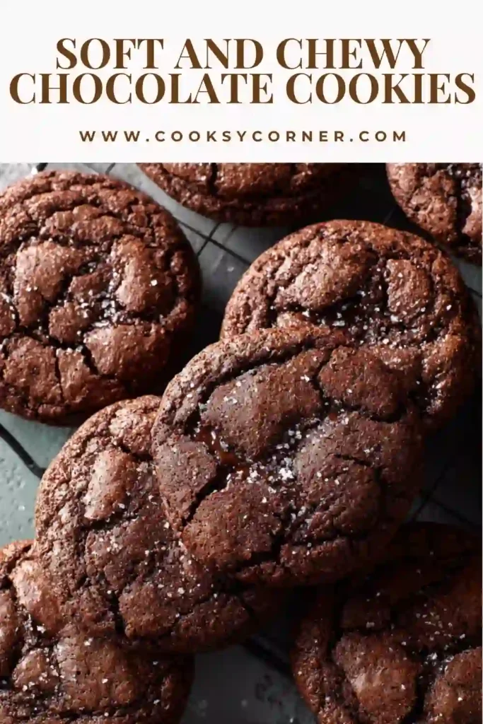 Close-up of chocolate cookies with soft centers and slightly crisp edges.
