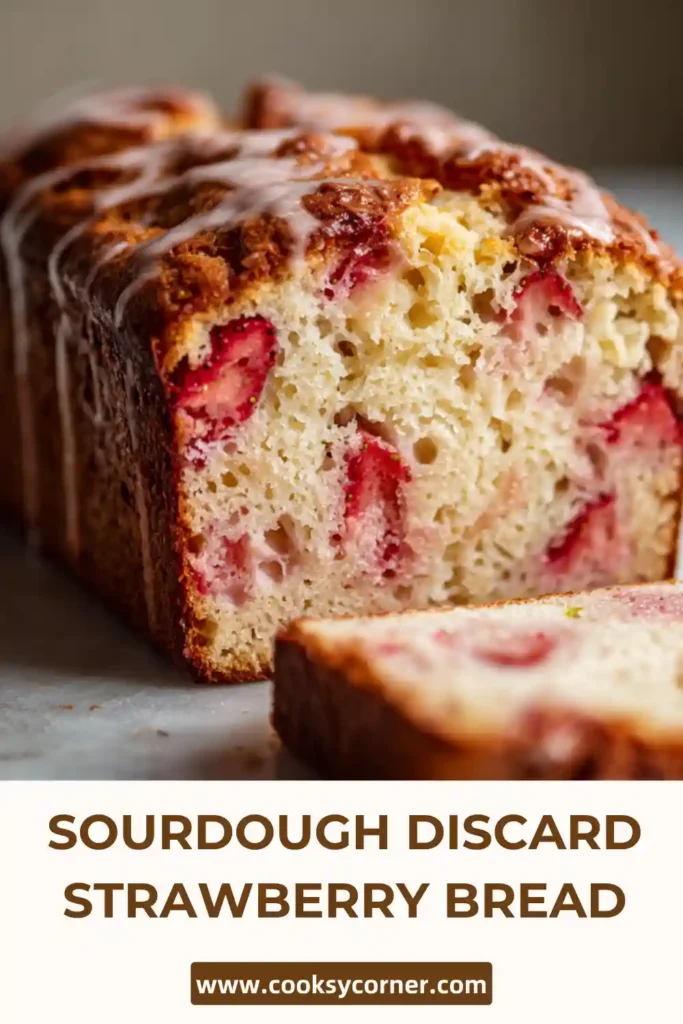 Homemade strawberry bread with sourdough discard and soft crumb texture.