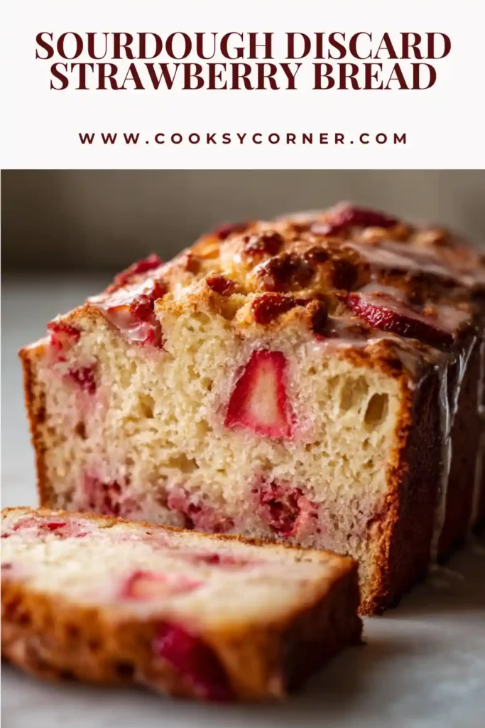 Sourdough discard strawberry bread topped with glossy strawberry glaze and sliced on a wooden board.
