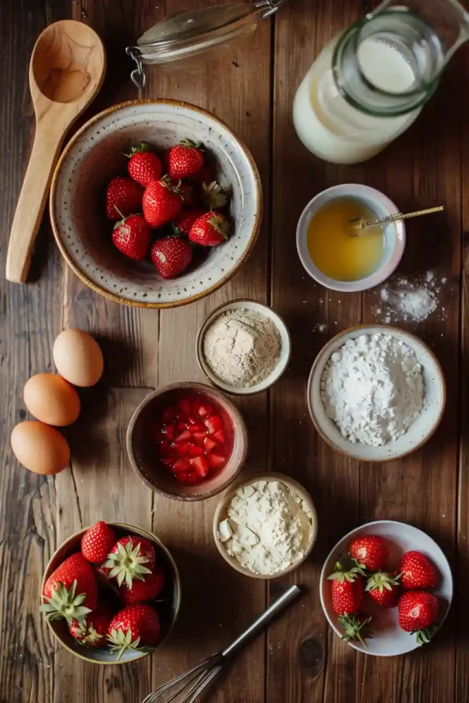 Close-up of glazed strawberry bread slices showing juicy strawberry chunks.