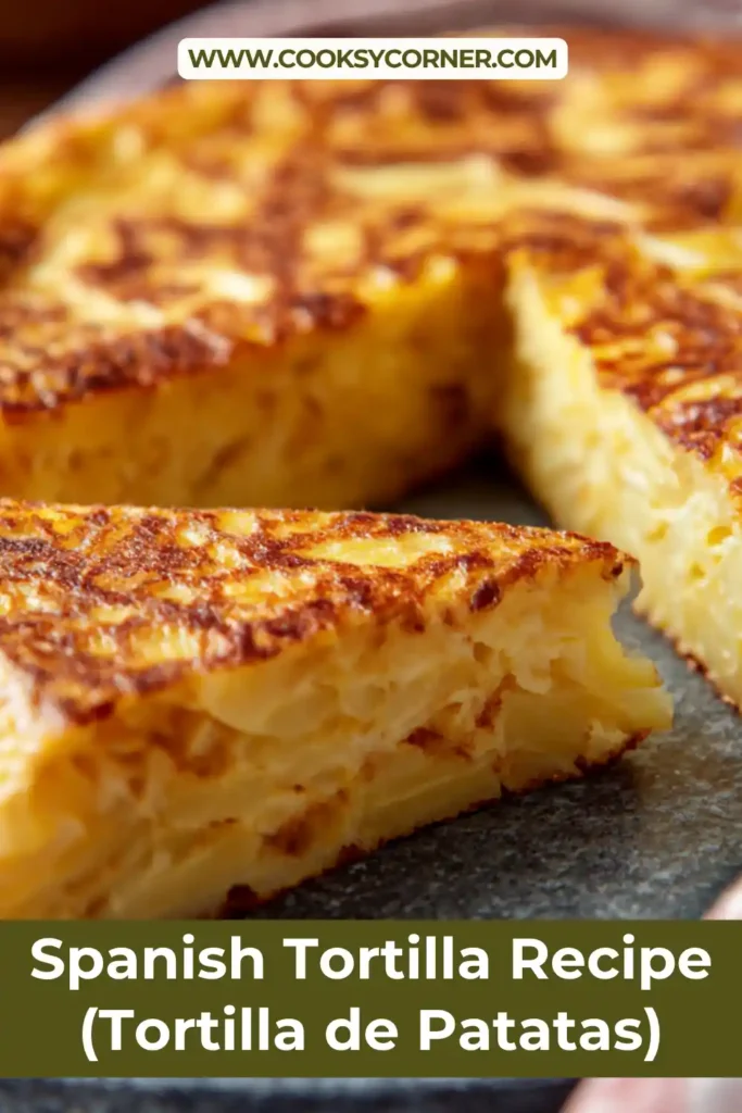 Close-up of Spanish omelette showing layered potatoes and fluffy eggs.