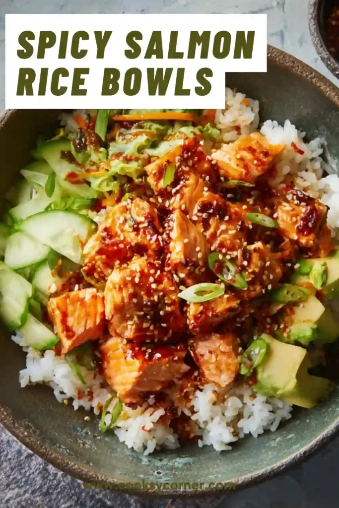 Gochujang salmon served over rice with fresh toppings.