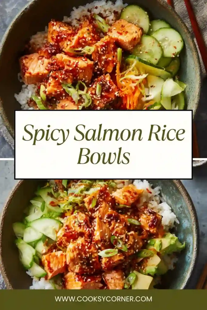 Spicy salmon rice bowl with cucumber, kimchi, and sesame seeds.