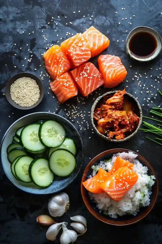 Bowl of rice topped with spicy salmon and vegetables.