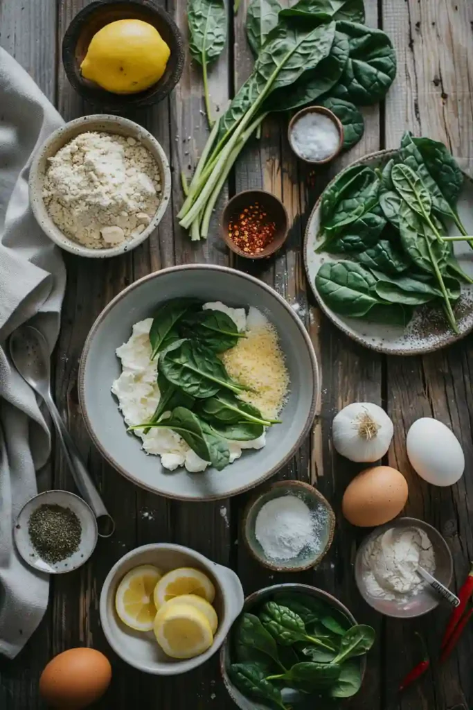 Soft gnudi dumplings with green spinach flecks served in a rich butter sauce.