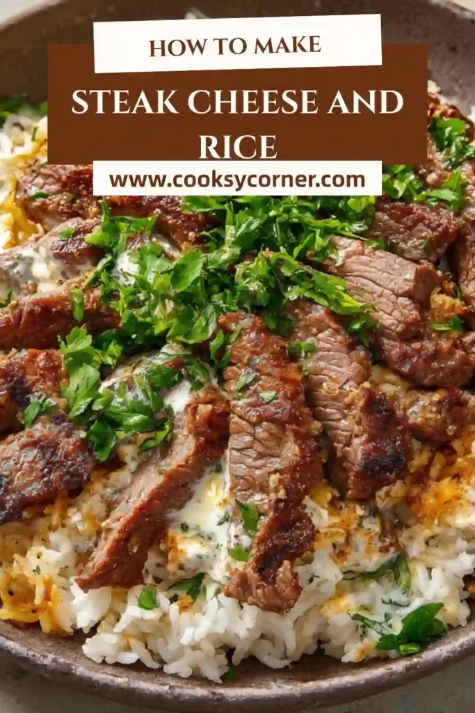 Close-up of steak cheese and rice showing tender beef pieces over seasoned rice with melted white cheese. The texture appears warm and comforting.