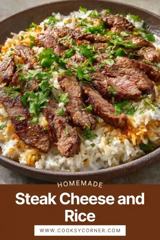 Overhead view of steak cheese and rice skillet with juicy steak and creamy queso spread evenly across the rice. The presentation is rustic and inviting.