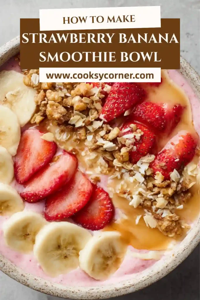 Close-up of a thick strawberry banana smoothie bowl garnished with freeze-dried fruits and seeds. Perfect for a nutritious start to the day.